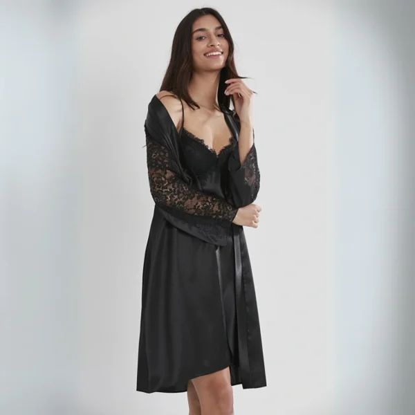 Pierre Cardin Satin Lace Nightgown & Dressing Gown Set - 4025 Black - Image 2